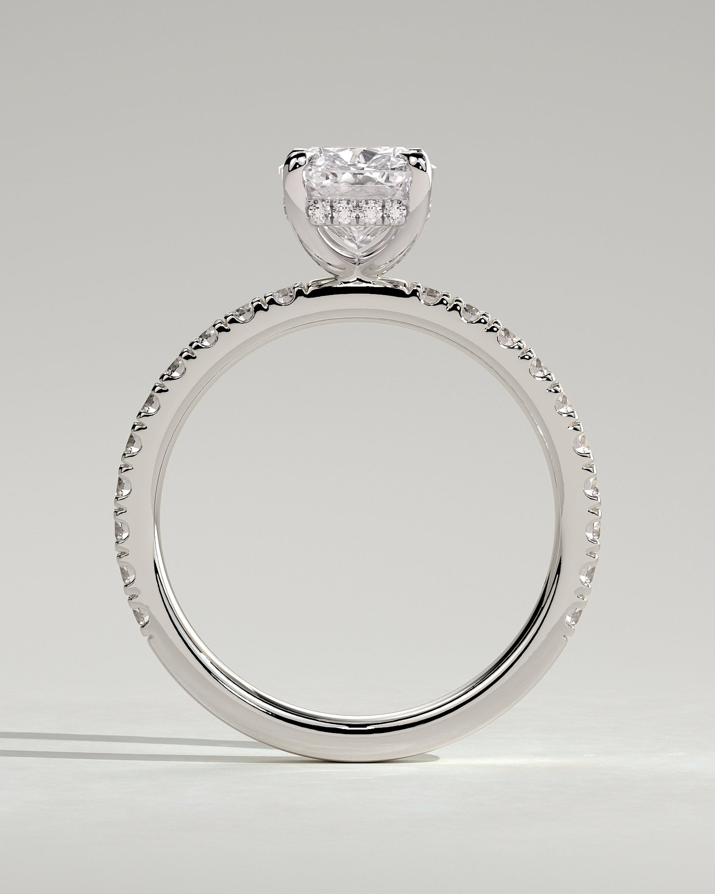 Camilla - Elongated Cushion Claw Solitaire with Hidden Halo and Pave Band Engagement Ring - Platinum - White Gold / Platinum 2ct