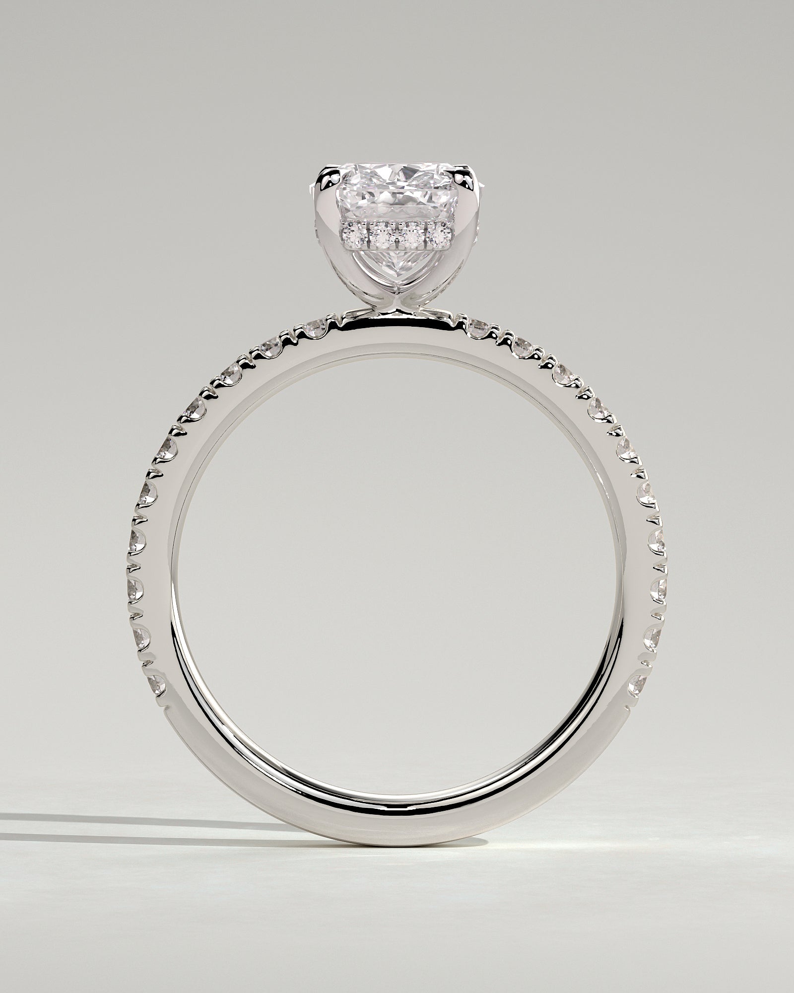 Camilla - Elongated Cushion Claw Solitaire with Hidden Halo and Pave Band Engagement Ring - Platinum - White Gold / Platinum 2ct