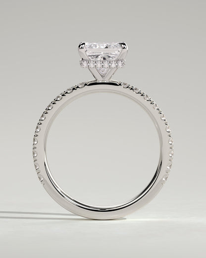 Brooklyn - Princess Claw Solitaire with Wrap Around Hidden Halo and Pave Band Engagement Ring - Platinum