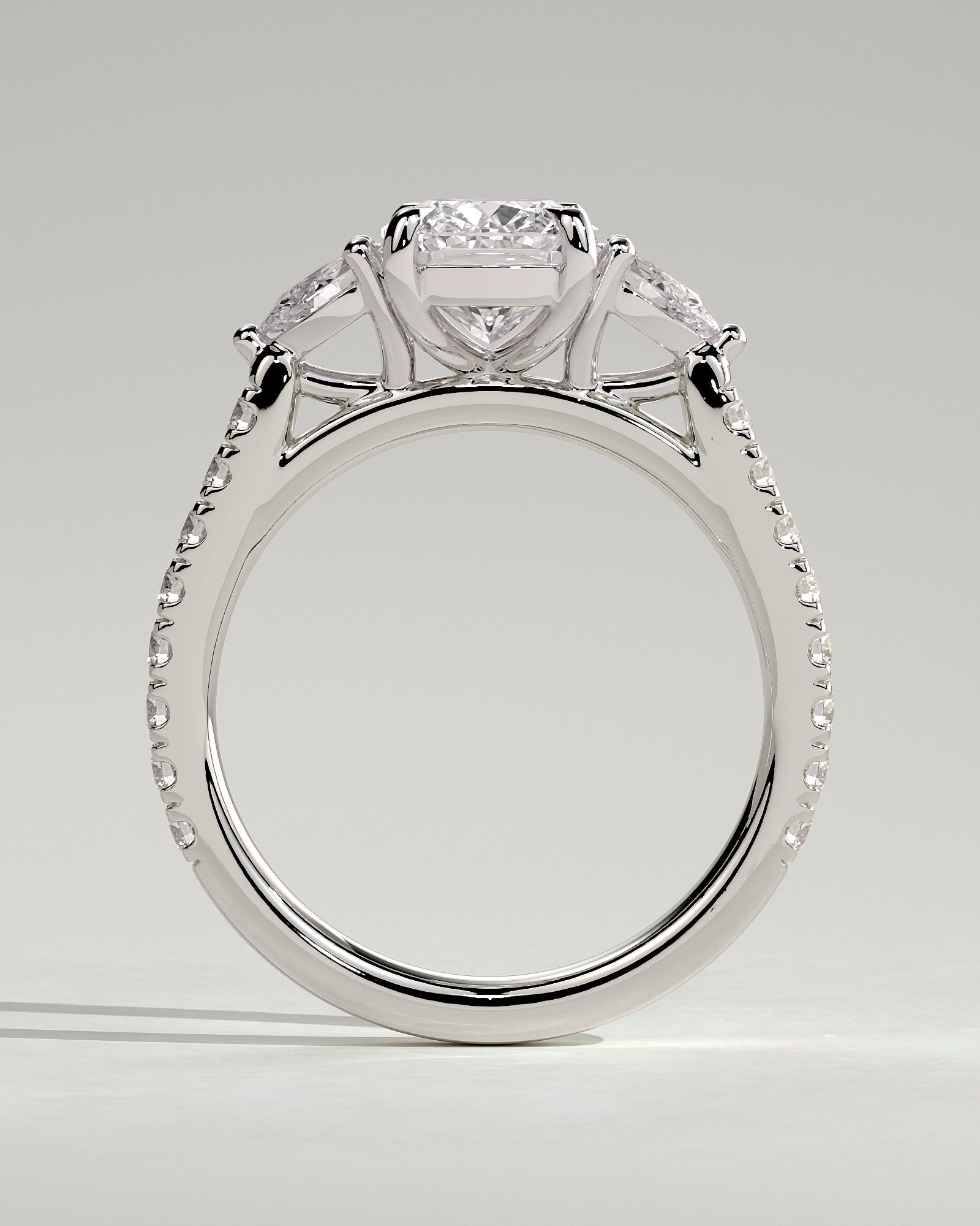 Bree - Elongated Cushion Claw Trilogy with Pear Side Stones and Pave Band Engagement Ring - Platinum - White Gold / Platinum 2ct