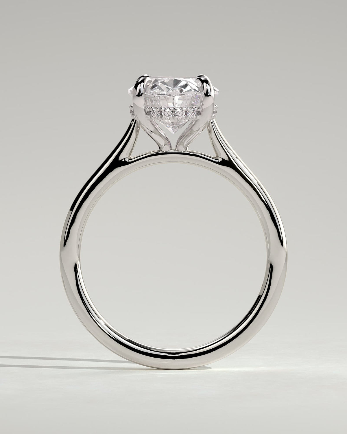 Bethany - Oval Claw Solitaire with Hidden Halo, Tapered Band and Cathedral High Setting Engagement Ring - White Gold