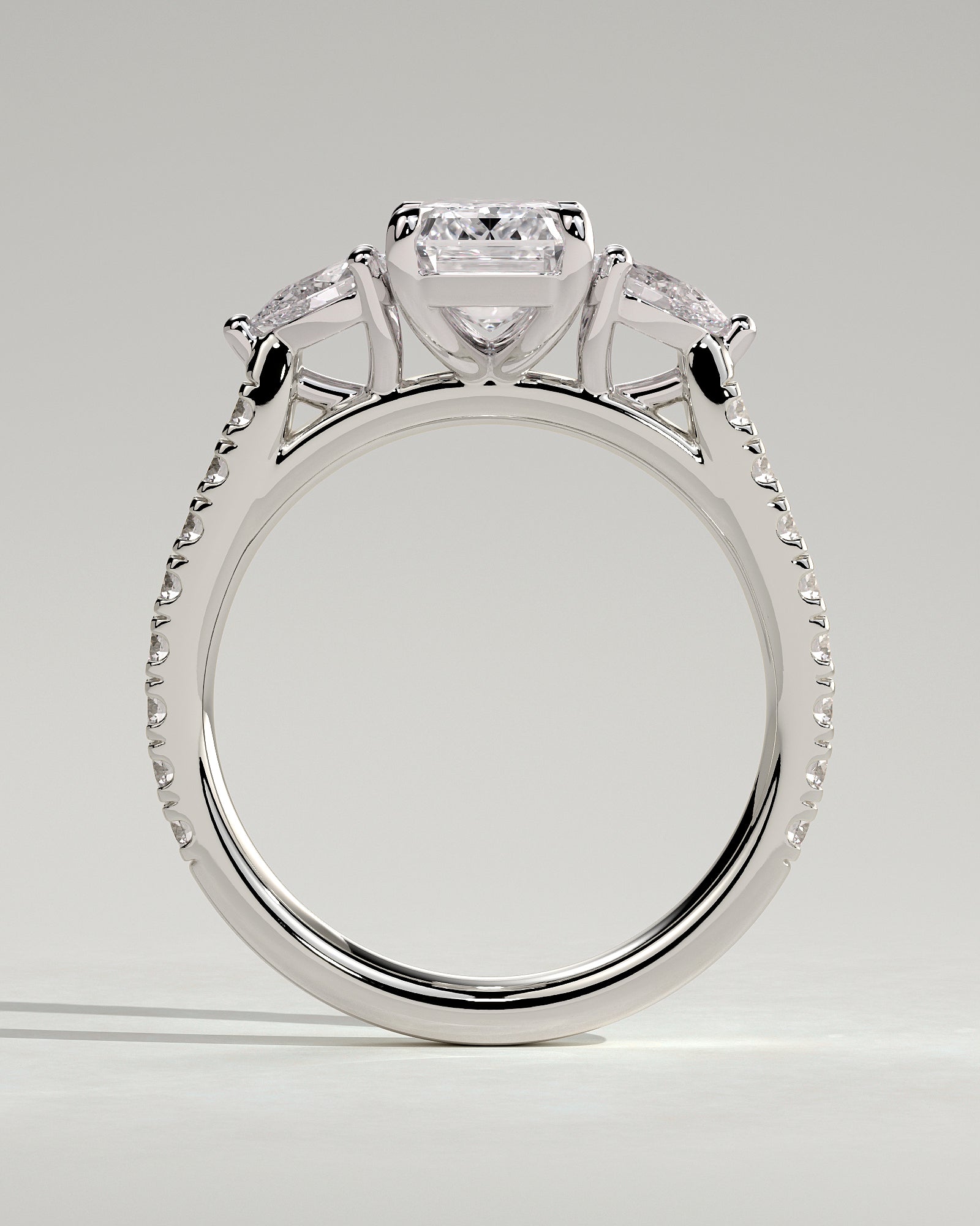 Autumn - Emerald Claw Trilogy with Pear Side Stones and Pave Band Engagement Ring - Platinum - White Gold / Platinum 2ct
