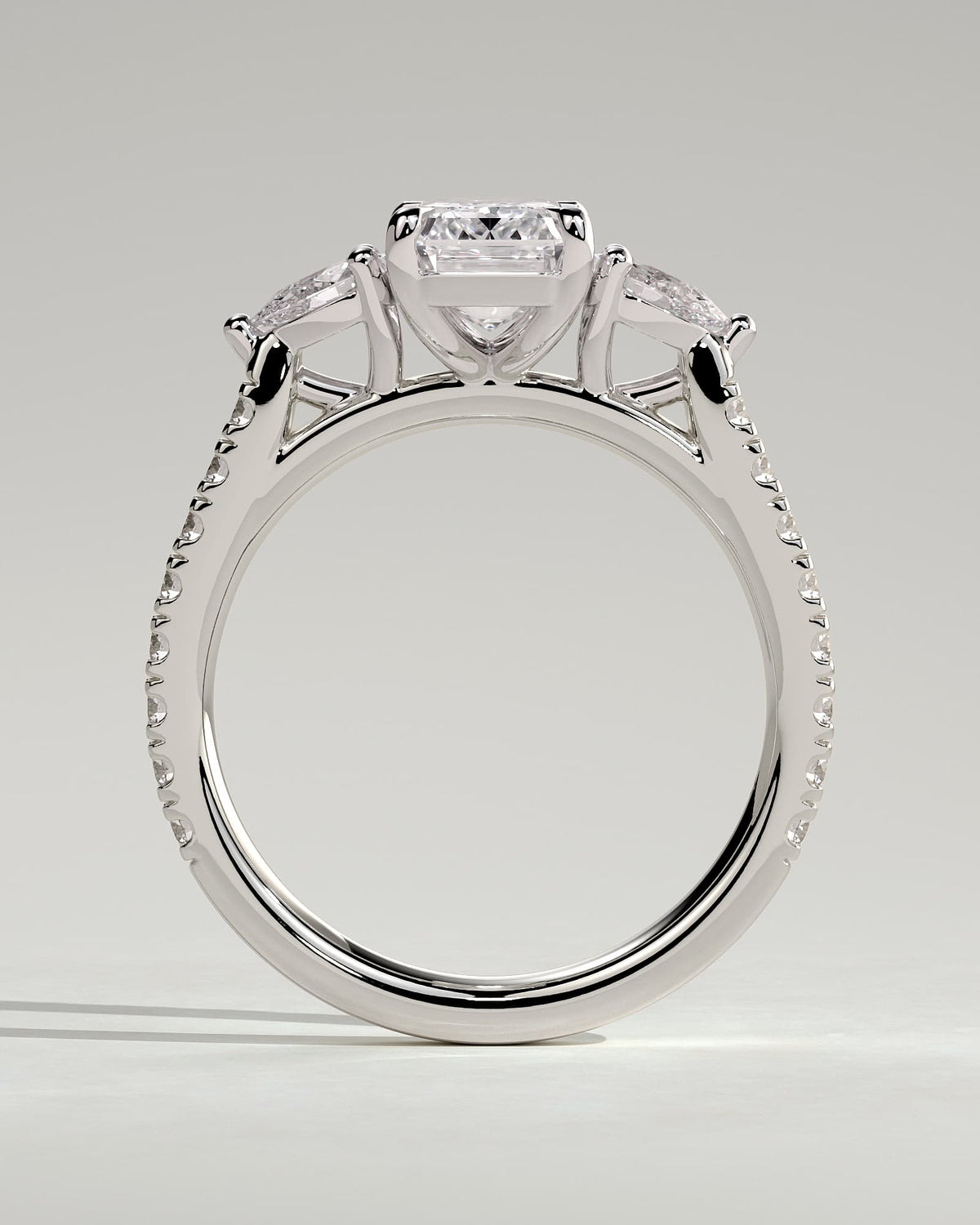 Autumn - Emerald Claw Trilogy with Pear Side Stones and Pave Band Engagement Ring - White Gold
