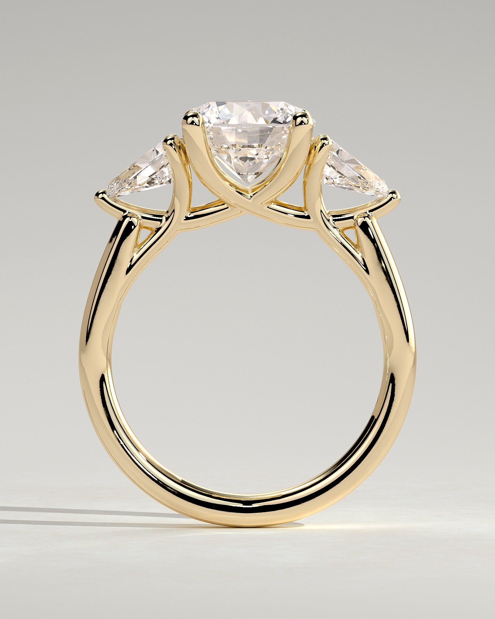Adelyn - Round Claw Trilogy with Pear Side Stones and Open Trellis Gallery Engagement Ring - Yellow Gold - Yellow Gold 2ct