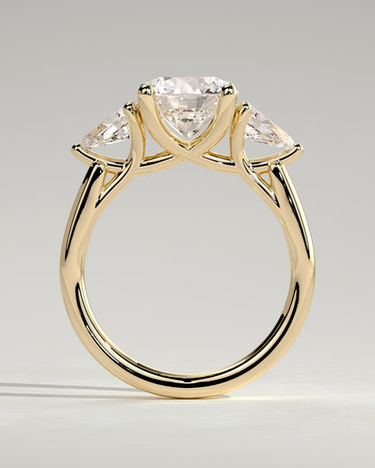 Adelyn - Round Claw Trilogy with Pear Side Stones and Open Trellis Gallery Engagement Ring - Yellow Gold