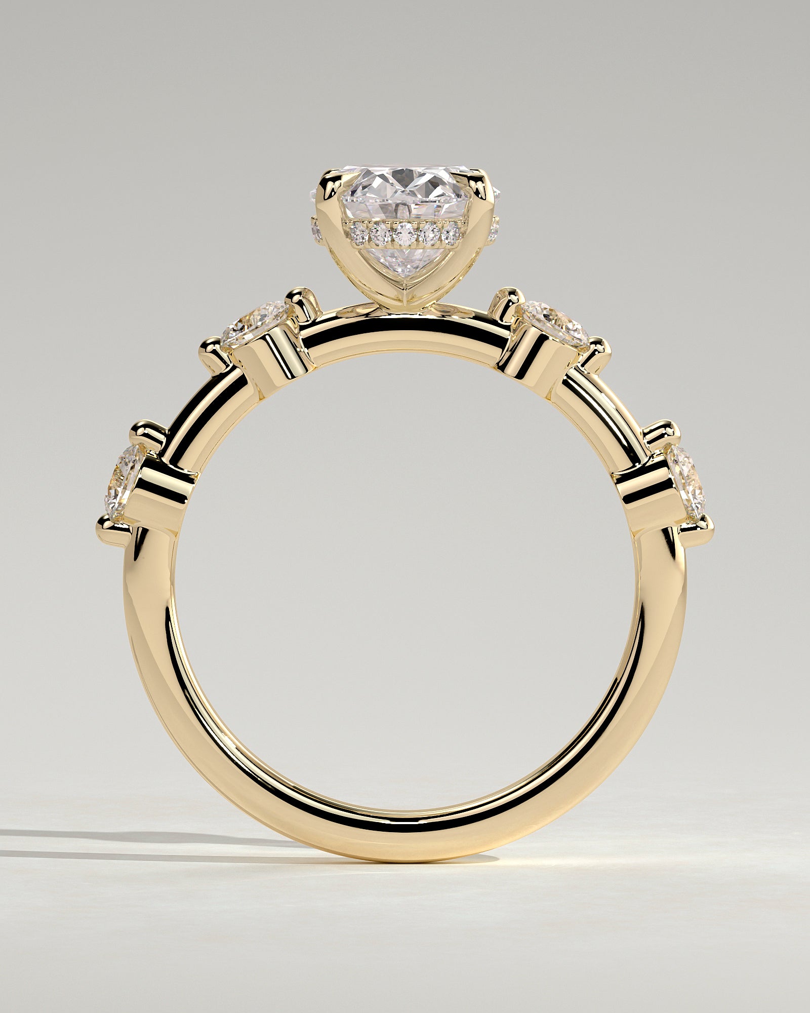 Arwen - Oval Claw Solitaire with 4 Spaced Round Accent Stones and Hidden Halo Engagement Ring - Yellow Gold - Yellow Gold 2ct