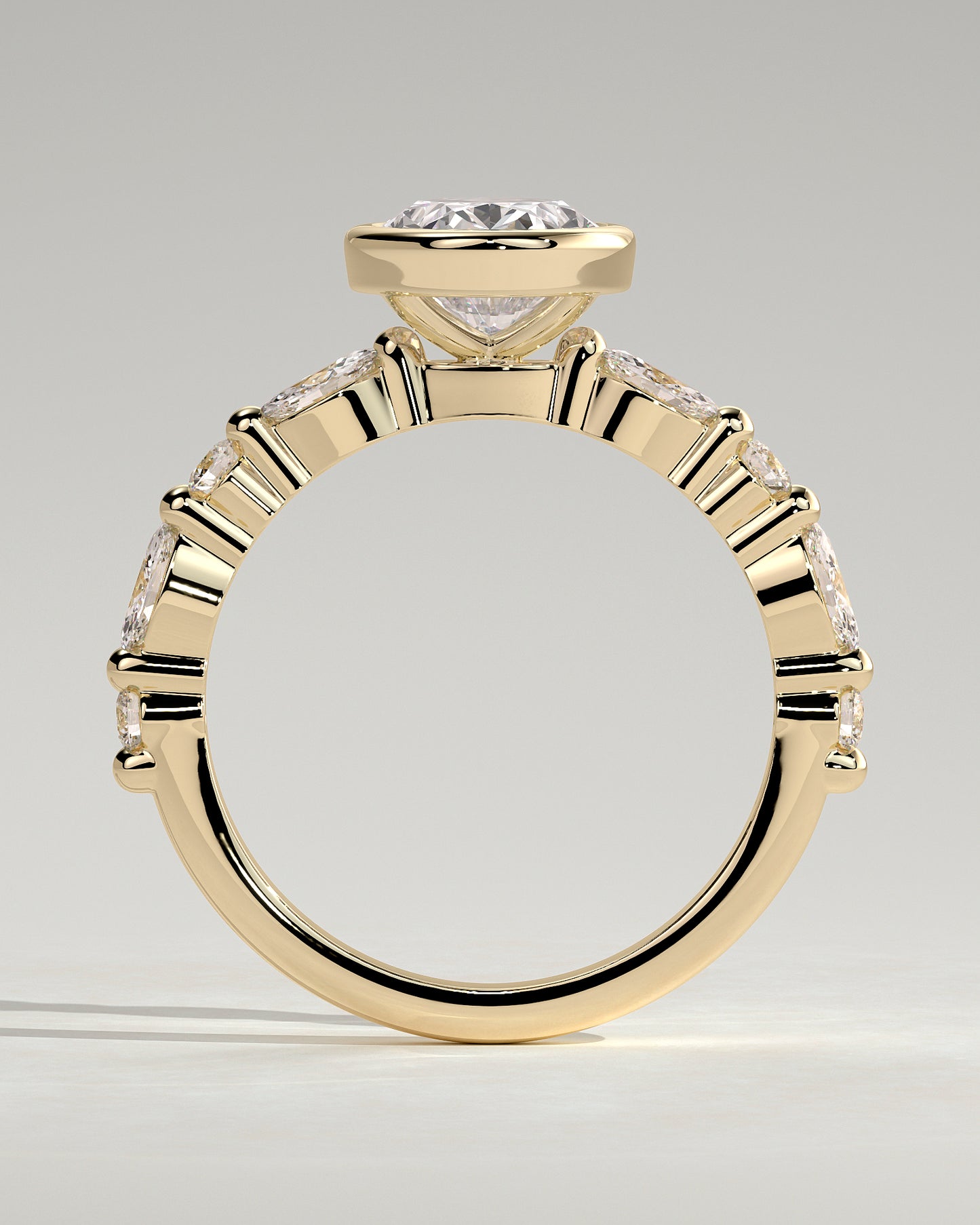 Aylin - Oval Bezel Solitaire with Marquise-Round Accent Stones Engagement Ring - Yellow Gold - Yellow Gold 2ct