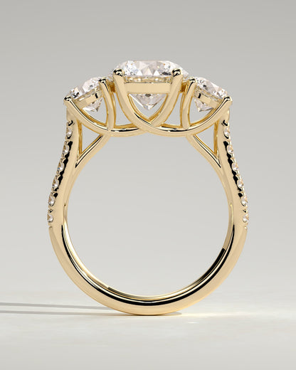 Ella - Round Claw Trilogy with Round Side Stones, Pave Band and Trellis Gallery  Engagement Ring - Yellow Gold