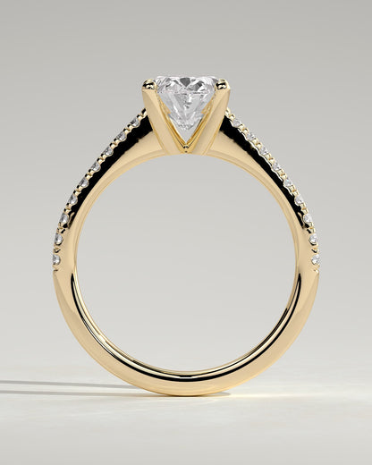 Eloise - Oval Claw Solitaire with Pave Band and Solid Cathedral Low Setting Engagement Ring - Yellow Gold
