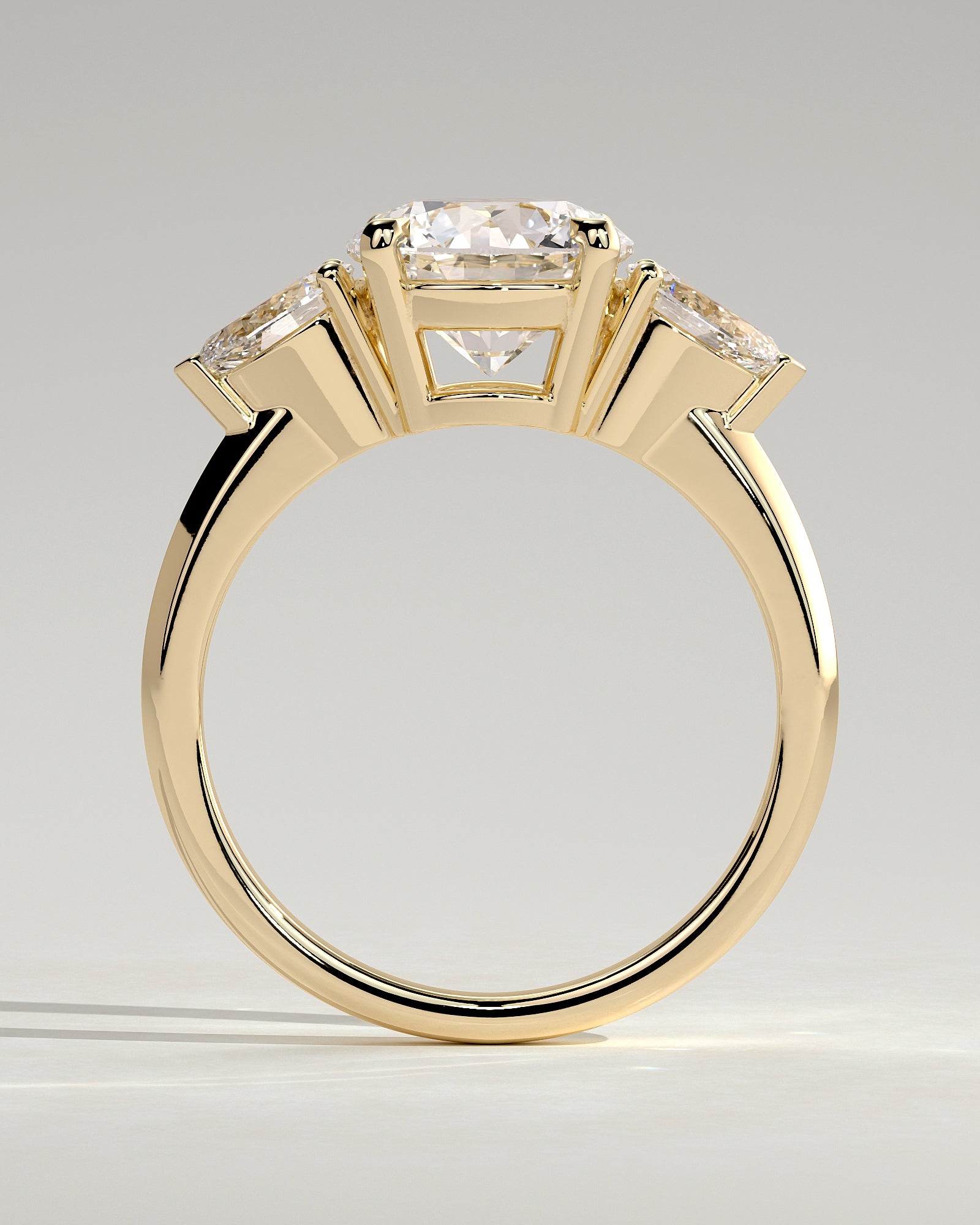 Halle - Round Claw Trilogy with Pear Side Stones and Knife Edge Band Engagement Ring - Yellow Gold - Yellow Gold 2ct