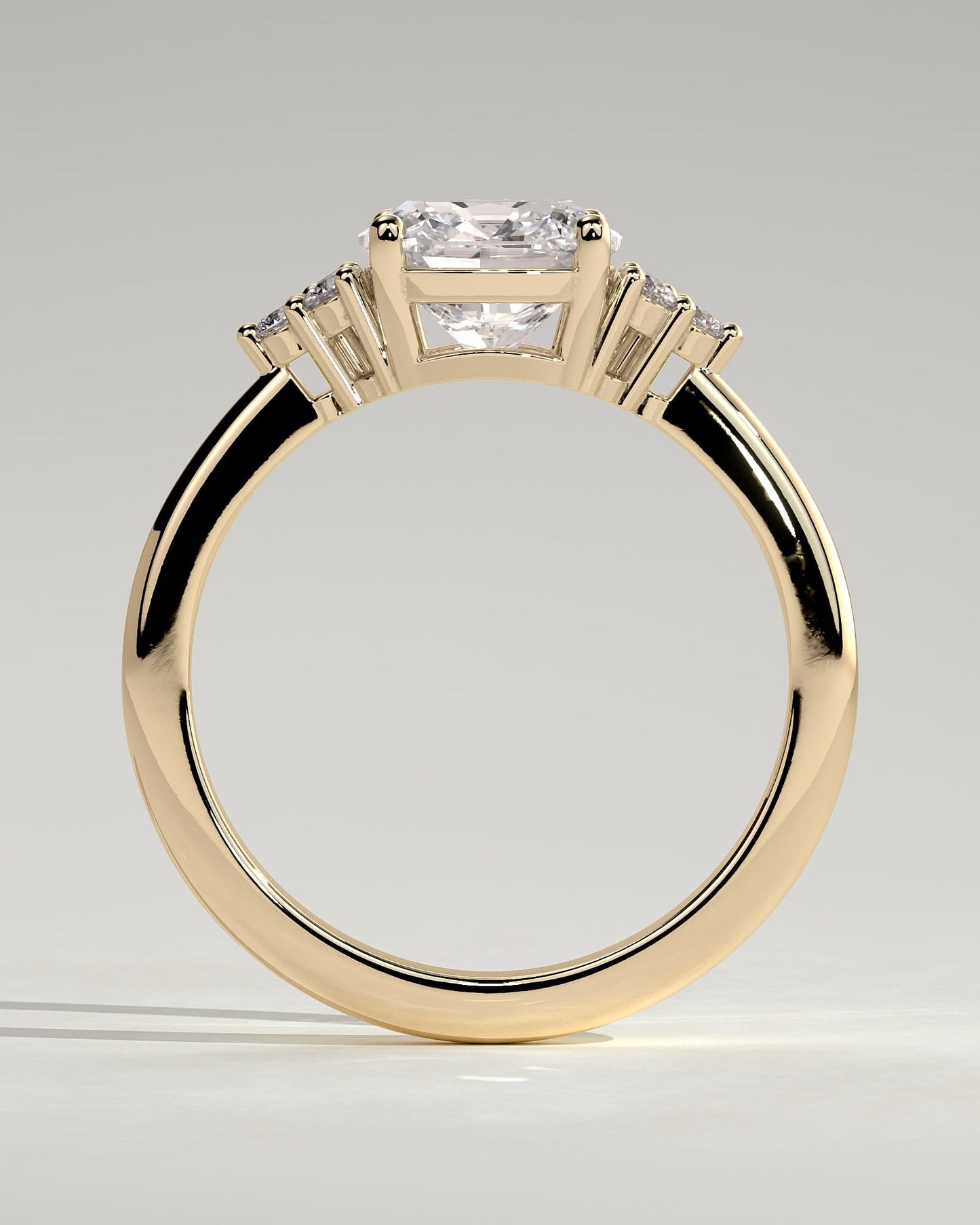 Lena - Cushion Claw Solitaire with Round Shoulder Stones Engagement Ring - Yellow Gold