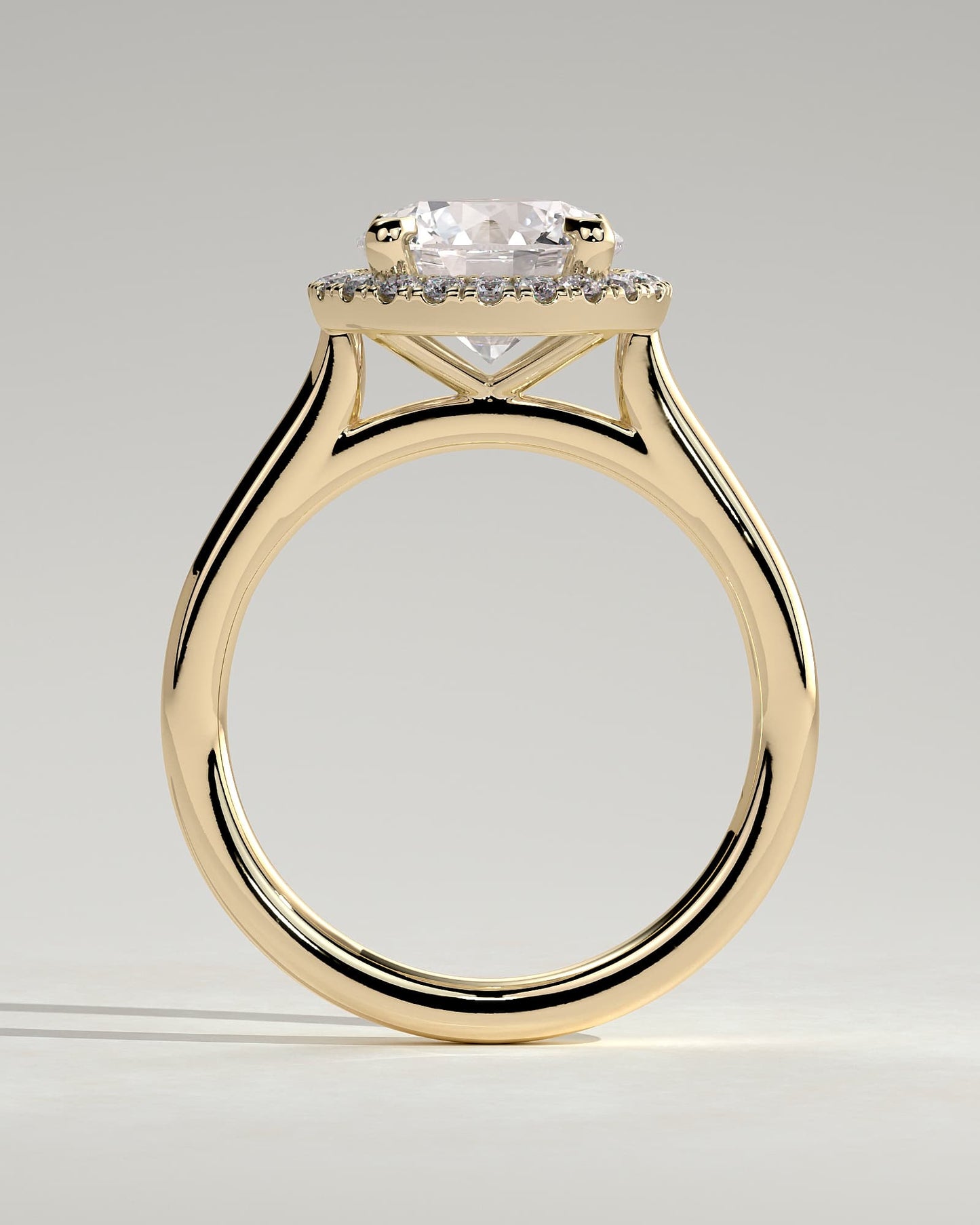 Nola - Round Claw Solitaire with Halo and Cathedral High Setting Engagement Ring - Yellow Gold