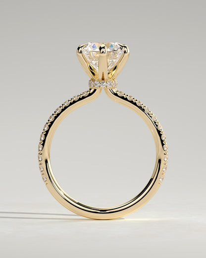 Holly - Round Claw Solitaire with Pave Band and Pave Collar Engagement Ring - Yellow Gold