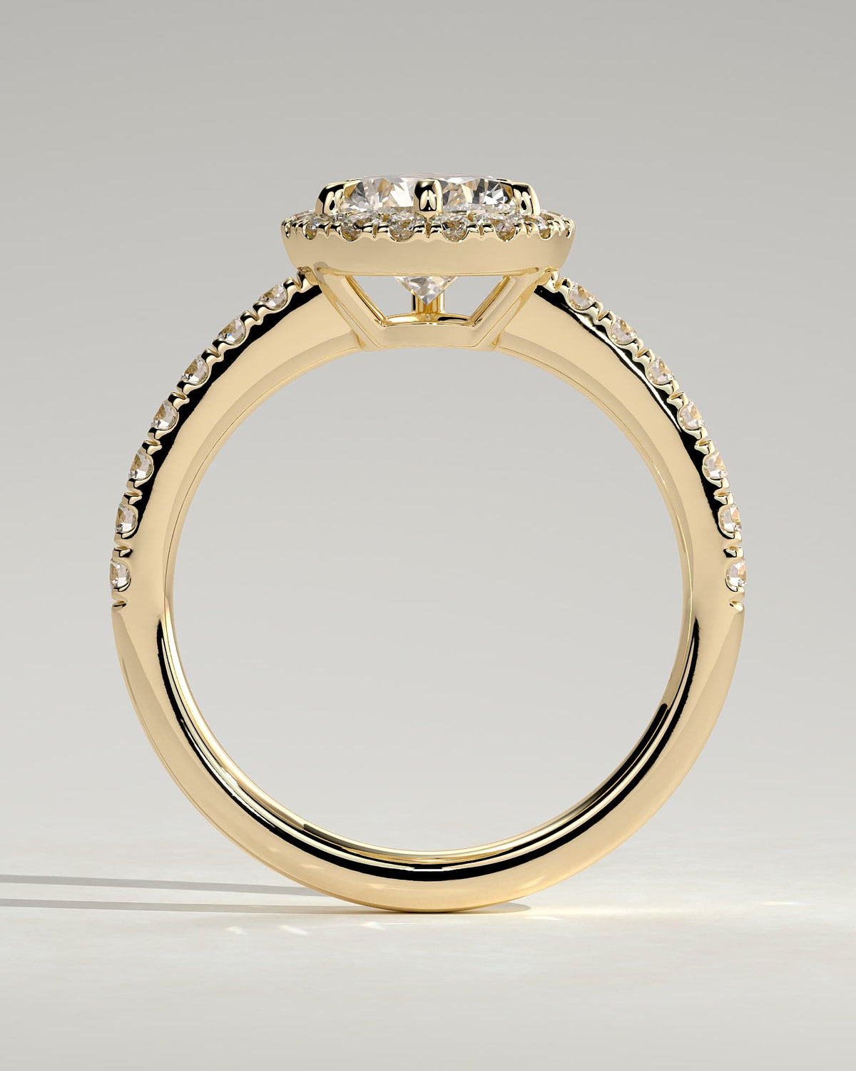Kirsten - Pear Claw Solitaire with Pave Band and Halo and Low Setting Engagement Ring - Yellow Gold
