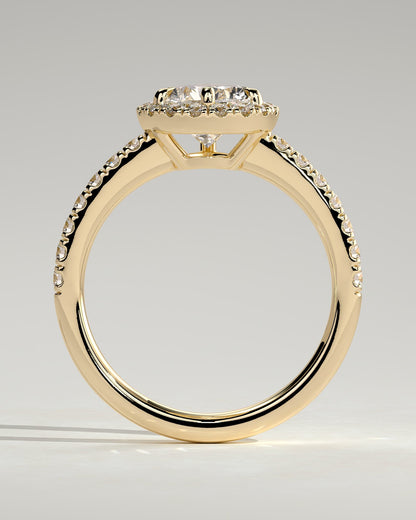 Kirsten - Pear Claw Solitaire with Pave Band and Halo and Low Setting Engagement Ring - Yellow Gold