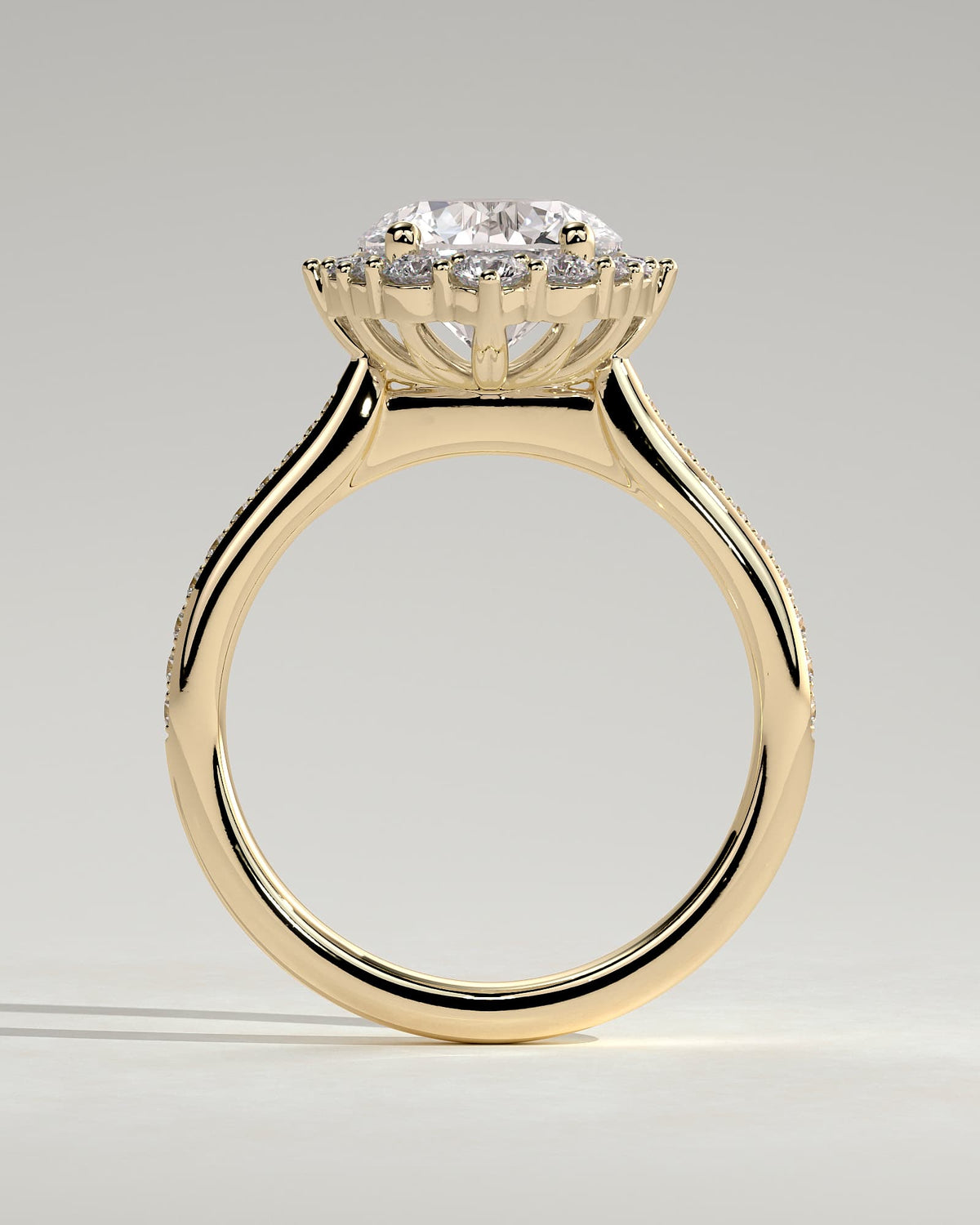 Jessica - Round Claw Solitaire with Graduating Halo and Bead Set Micropave and Tapered Band Engagement Ring - Yellow Gold