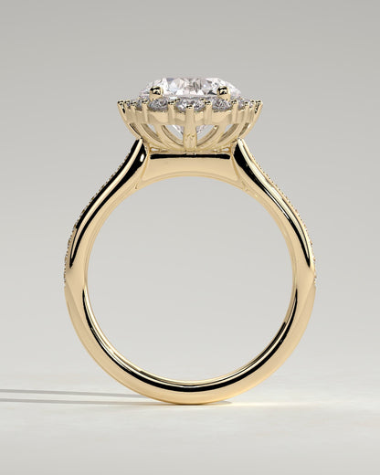 Jessica - Round Claw Solitaire with Graduating Halo and Bead Set Micropave and Tapered Band Engagement Ring - Yellow Gold