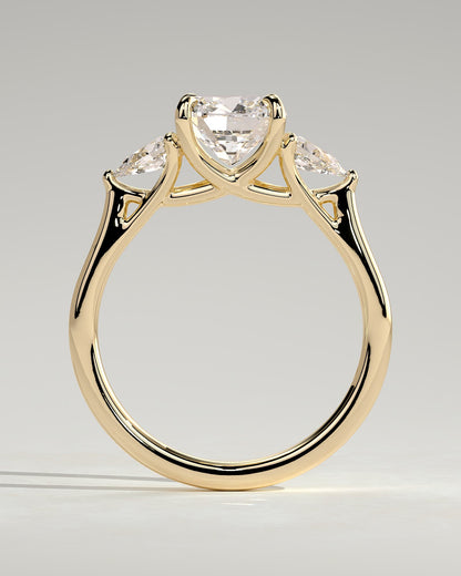 Selena - Cushion Claw Trilogy with Pear Side Stones and Open Trellis Gallery Engagement Ring - Yellow Gold