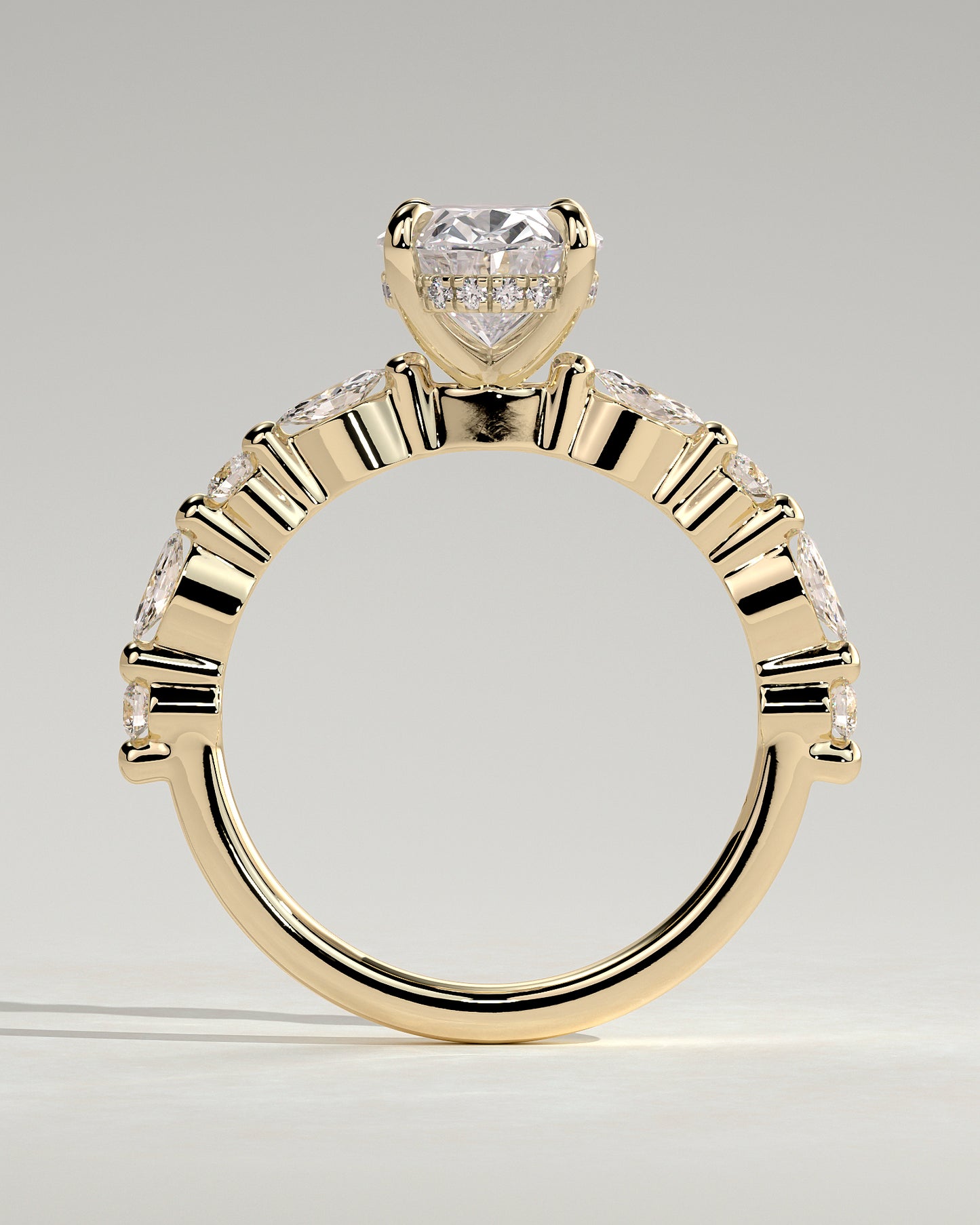 Brandi - Oval Claw Solitaire with Marquise-Round Accent Stones and Hidden Halo Engagement Ring - Yellow Gold - Yellow Gold 2ct