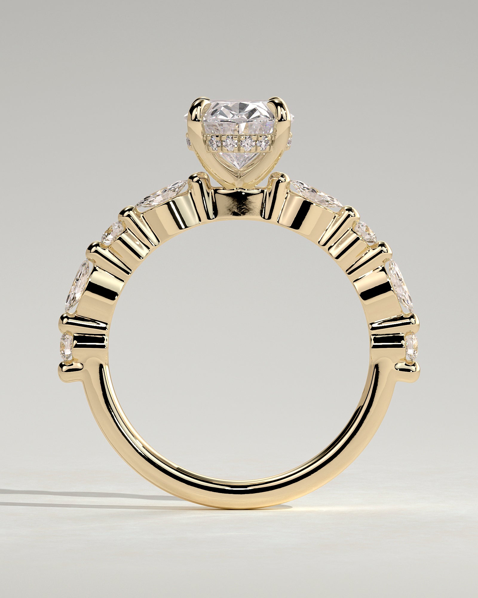 Brandi - Oval Claw Solitaire with Marquise-Round Accent Stones and Hidden Halo Engagement Ring - Yellow Gold - Yellow Gold 2ct