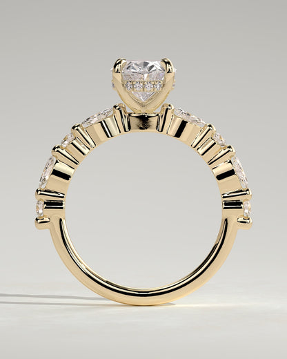 Brandi - Oval Claw Solitaire with Marquise-Round Accent Stones and Hidden Halo Engagement Ring - Yellow Gold