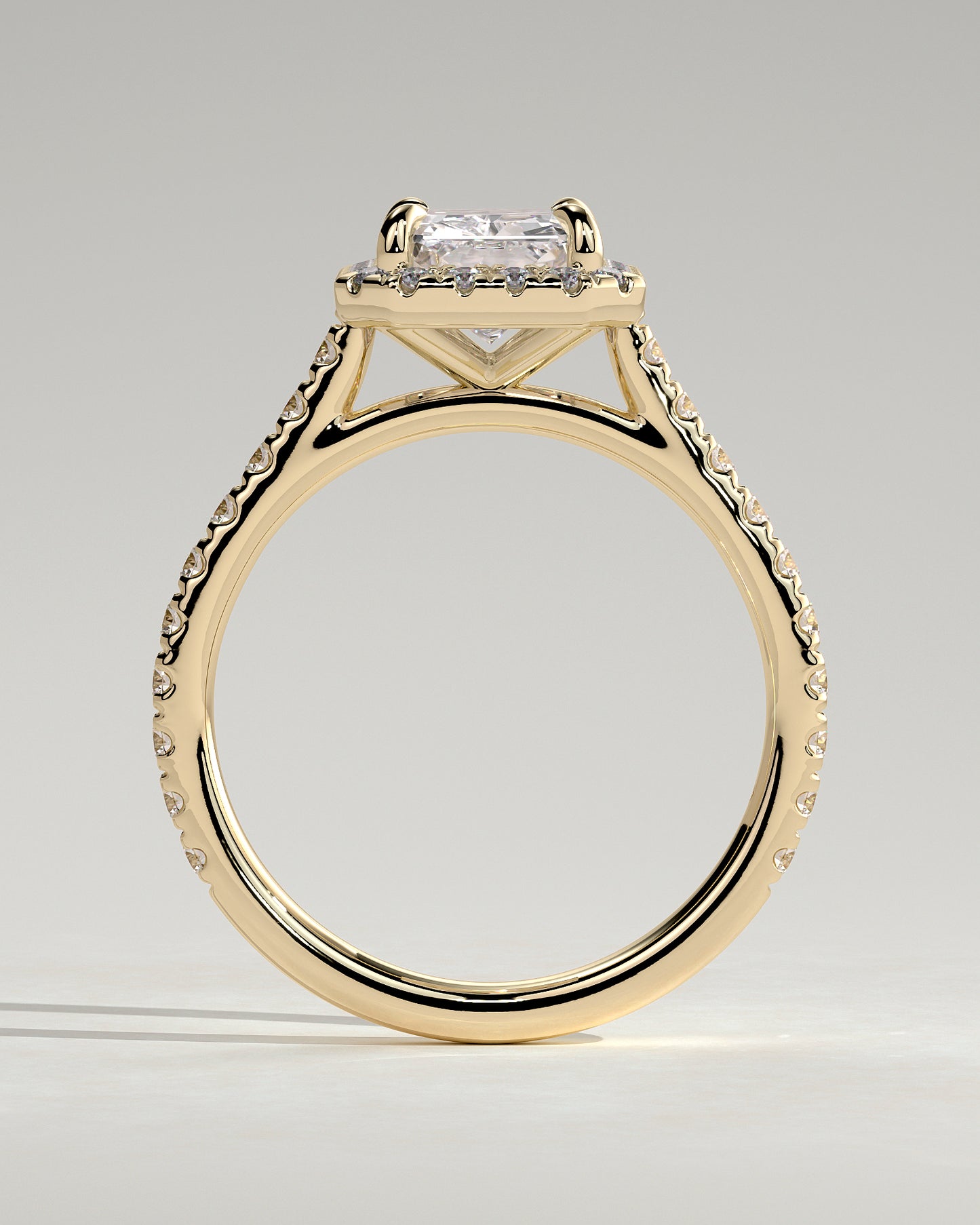 Clementine - Radiant Claw Solitaire with Halo and Pave Band and Cathedral High Setting Engagement Ring - Yellow Gold - Yellow Gold 2ct