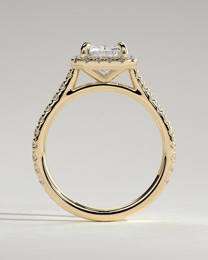Clementine - Radiant Claw Solitaire with Halo and Pave Band and Cathedral High Setting Engagement Ring - Yellow Gold