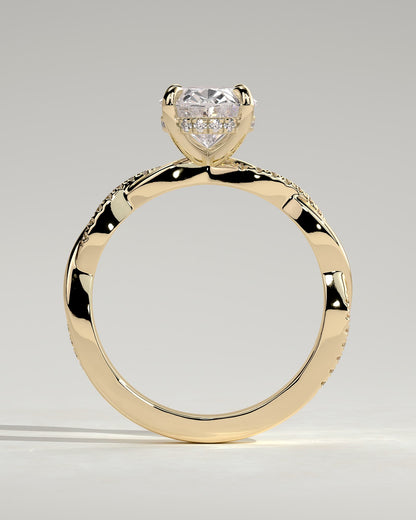 Lara - Oval Claw Solitaire with Hidden Halo and Twisted Alternating Pave Band Engagement Ring - Yellow Gold