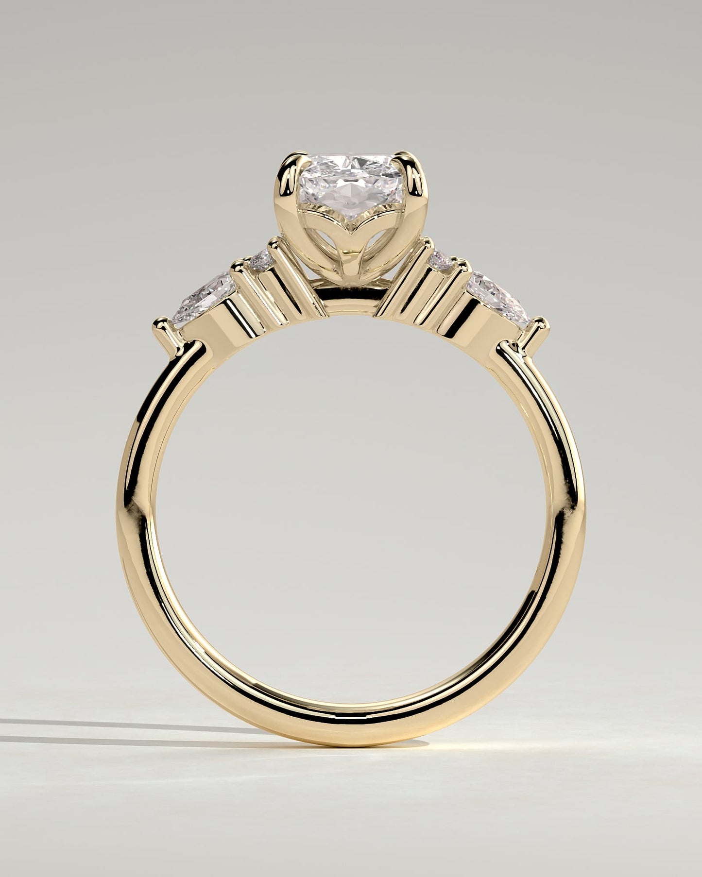 Sadie - Elongated Cushion Claw Solitaire with Pear Accents and Round Shoulder Stones Engagement Ring - Yellow Gold