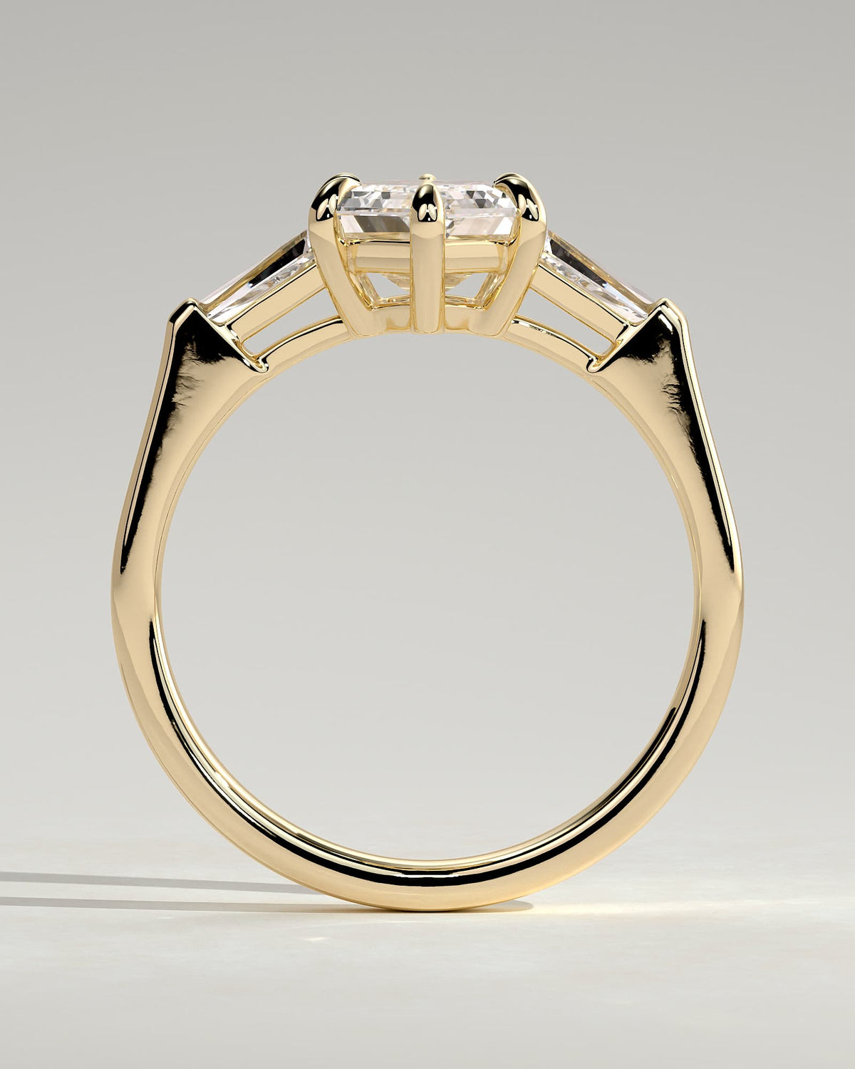 Myrtle - Elongated Hexagon Claw Trilogy with Tapered Baguette Side Stones and Cathedral Setting Engagement Ring - Yellow Gold
