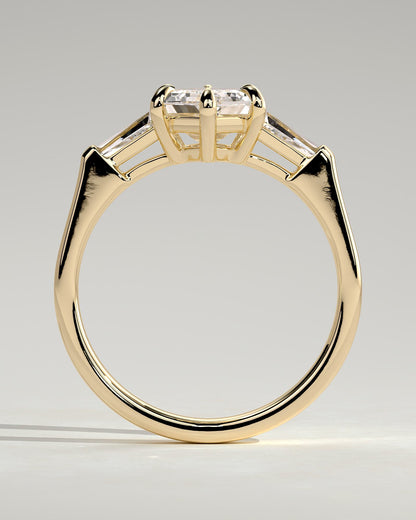 Myrtle - Elongated Hexagon Claw Trilogy with Tapered Baguette Side Stones and Cathedral Setting Engagement Ring - Yellow Gold