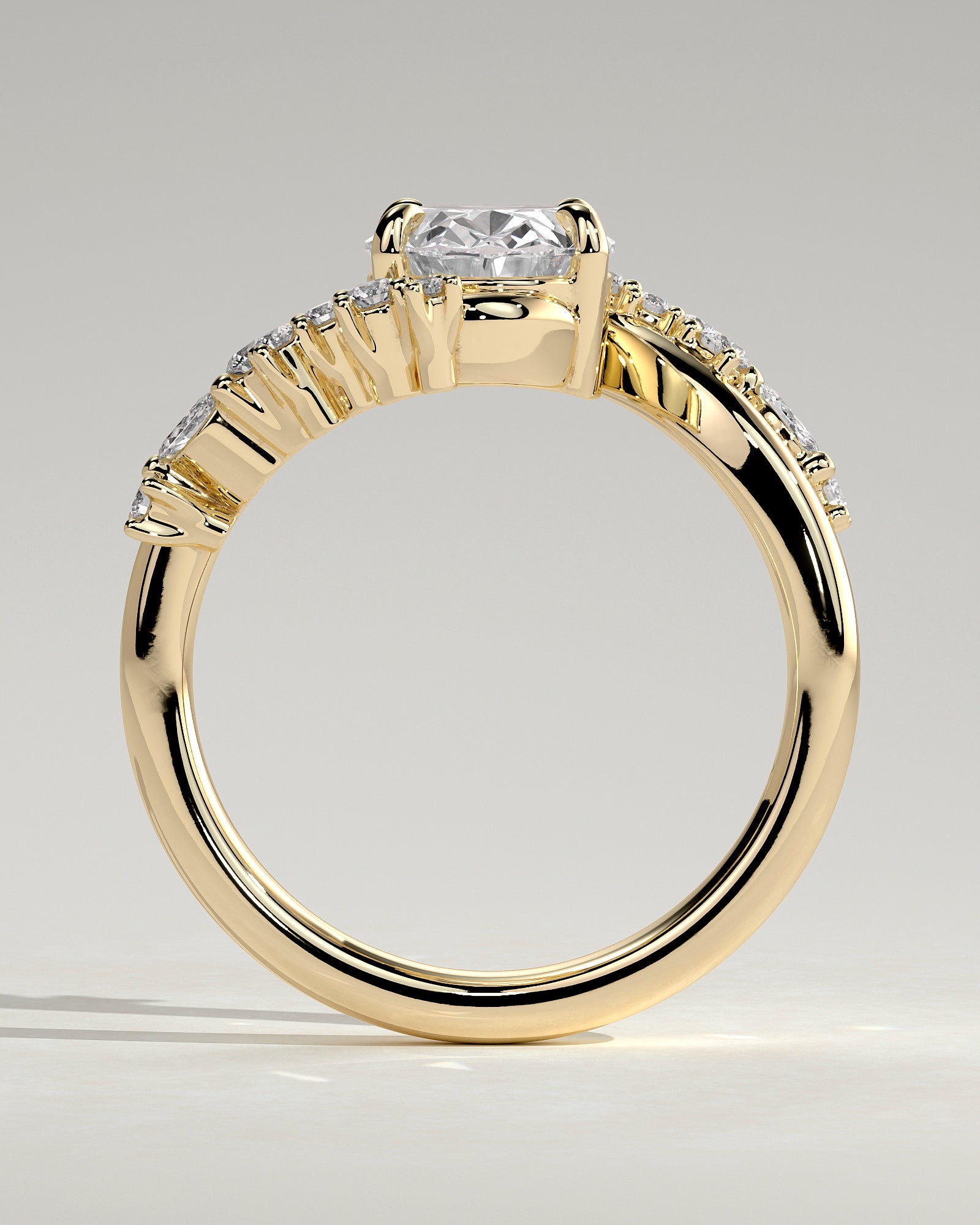 Ezmerelda - Oval Claw Solitaire with Bypass Band and Clustered Round-Marquise Accent Stones Engagement Ring - Yellow Gold - Yellow Gold 2ct