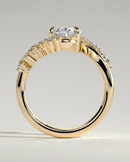 Ezmerelda - Oval Claw Solitaire with Bypass Band and Clustered Round-Marquise Accent Stones Engagement Ring - Yellow Gold