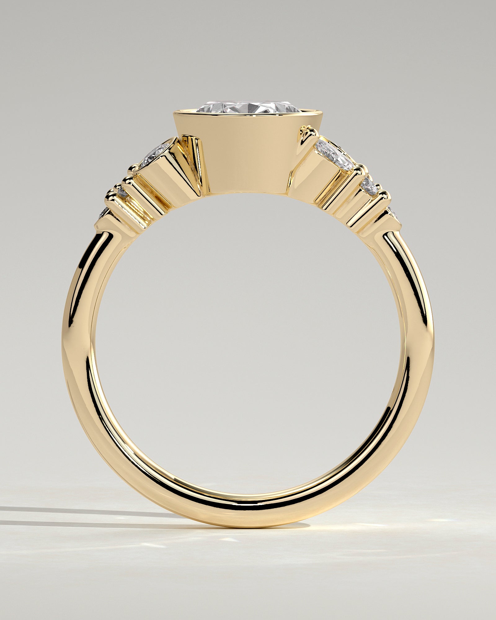 Isabella - Oval Bezel Solitaire with Clustered Round-Marquise Mixed Set Shoulder Stones Engagement Ring - Yellow Gold - Yellow Gold 2ct