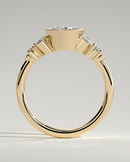 Isabella - Oval Bezel Solitaire with Clustered Round-Marquise Mixed Set Shoulder Stones Engagement Ring - Yellow Gold
