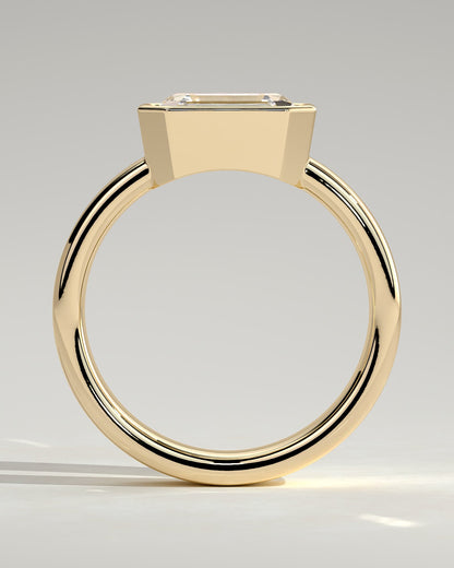 Adrian - Statement Emerald East West Bezel Solitaire with Flat Cigar Band Engagement Ring - Yellow Gold
