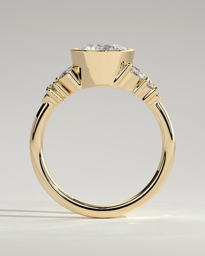 Alessia - Round Bezel Solitaire with Clustered Round-Marquise Mixed Set Shoulder Stones Engagement Ring - Yellow Gold