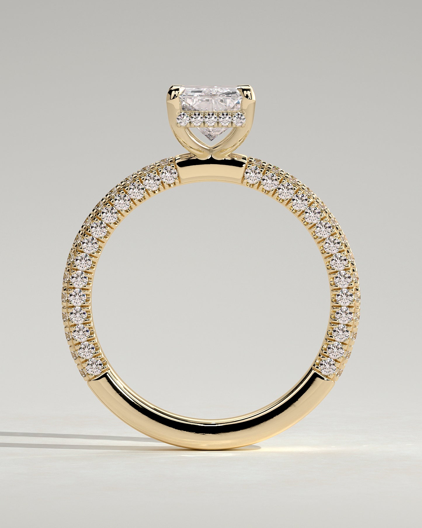 Irene - Radiant Claw Solitaire with Hidden Halo and Triple Pave Band Engagement Ring - Yellow Gold - Yellow Gold 2ct