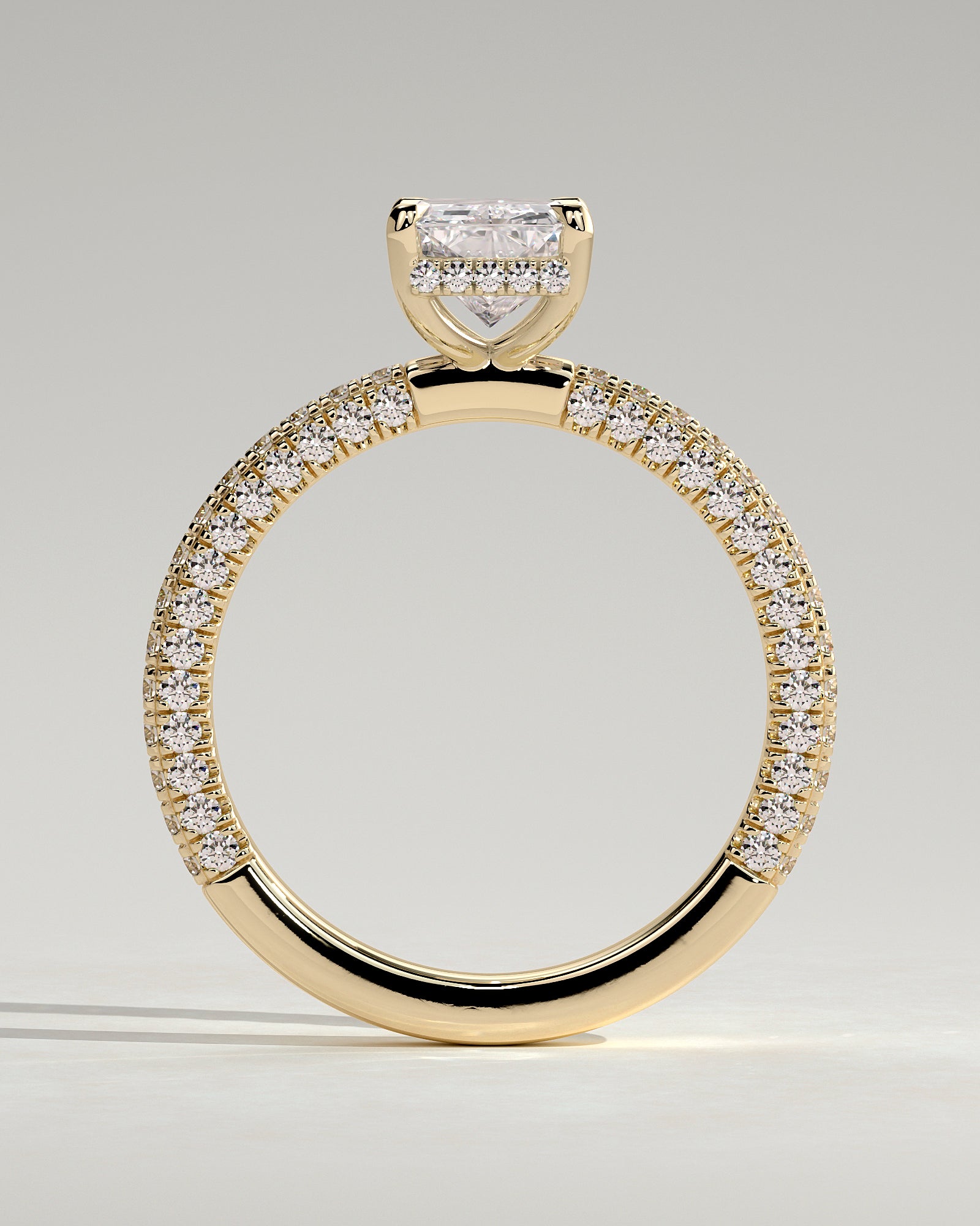 Irene - Radiant Claw Solitaire with Hidden Halo and Triple Pave Band Engagement Ring - Yellow Gold - Yellow Gold 2ct