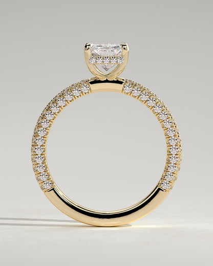 Irene - Radiant Claw Solitaire with Hidden Halo and Triple Pave Band Engagement Ring - Yellow Gold