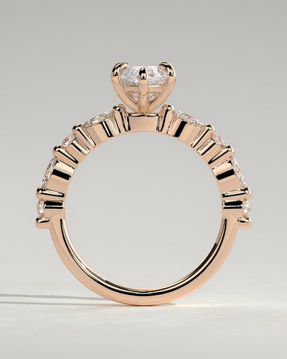 Beatrice - Marquise Claw Solitaire with Marquise and Round Accent Stones Engagement Ring - Rose Gold