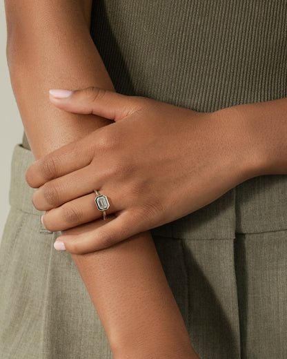 Olive - Statement Emerald East West Bezel Solitaire with Open Cathedral High Setting Engagement Ring - Yellow Gold