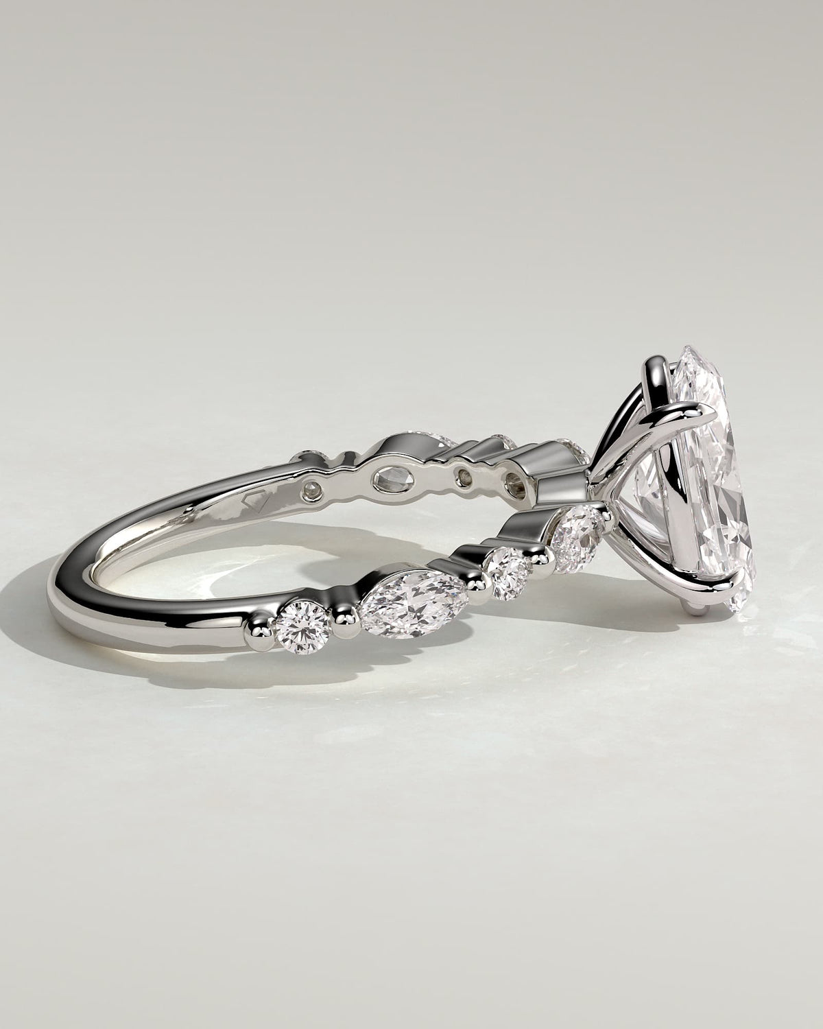 Alyssa - Oval Claw Solitaire with Marquise and Round Accent Stones Engagement Ring - White Gold - white gold - Lara Jewels