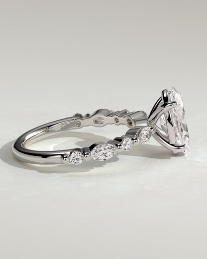 Alyssa - Oval Claw Solitaire with Marquise and Round Accent Stones Engagement Ring - White Gold - white gold - Lara Jewels