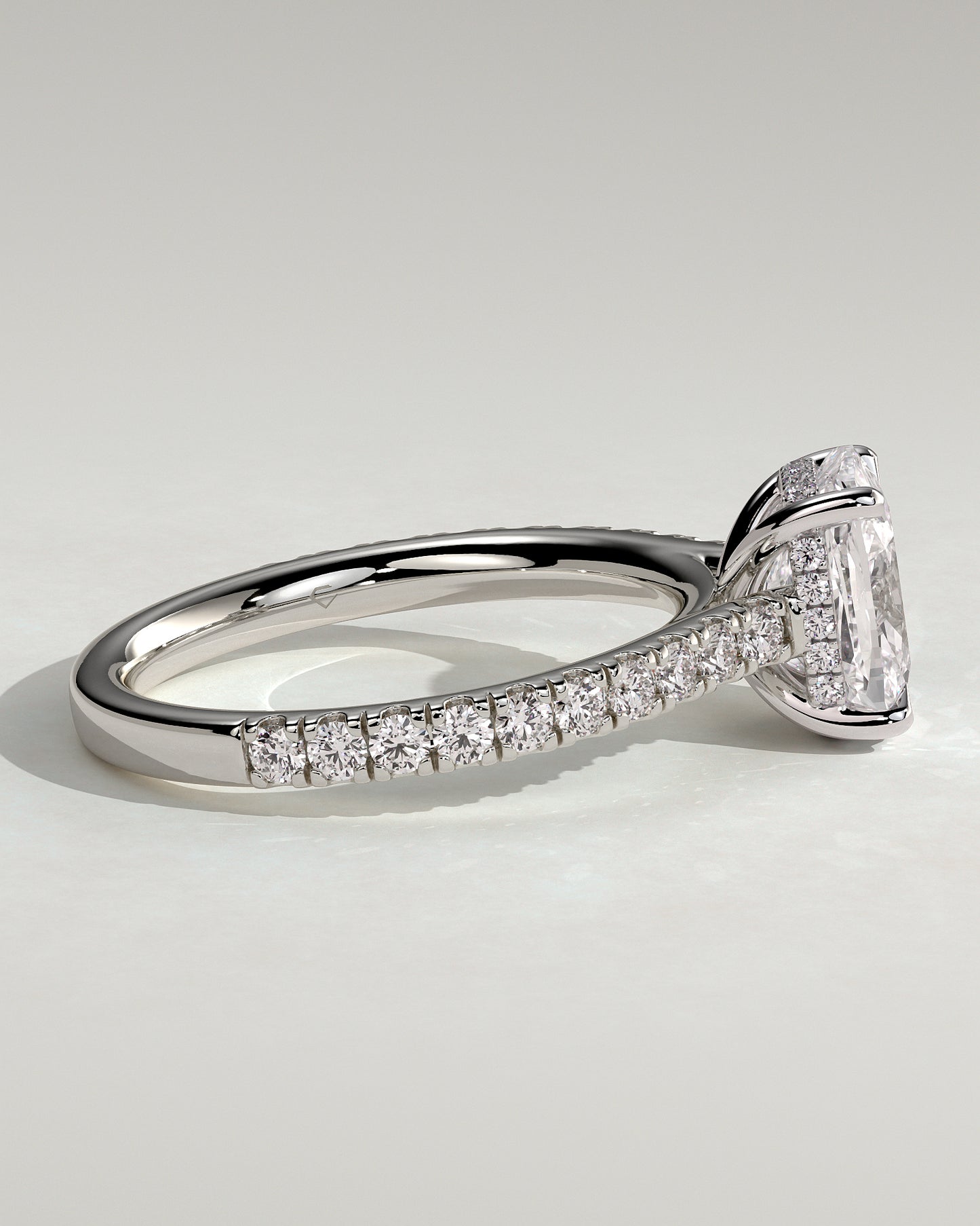 Annika - Elongated Cushion Claw Solitaire with Hidden Halo, Pave Band and Cathedral High Setting Engagement Ring - Platinum - White Gold / Platinum 2ct