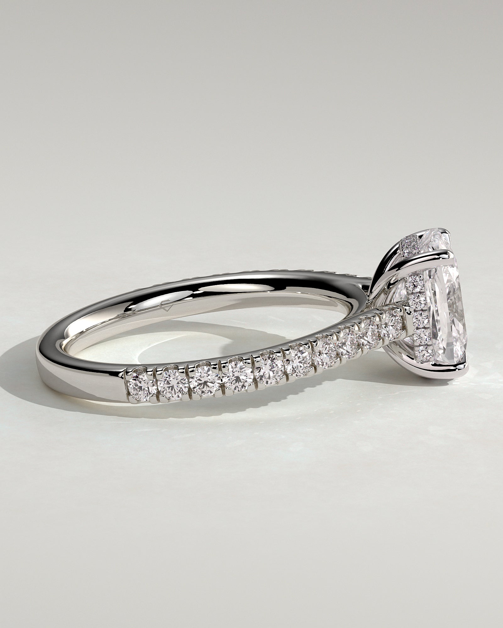 Annika - Elongated Cushion Claw Solitaire with Hidden Halo, Pave Band and Cathedral High Setting Engagement Ring - Platinum - White Gold / Platinum 2ct