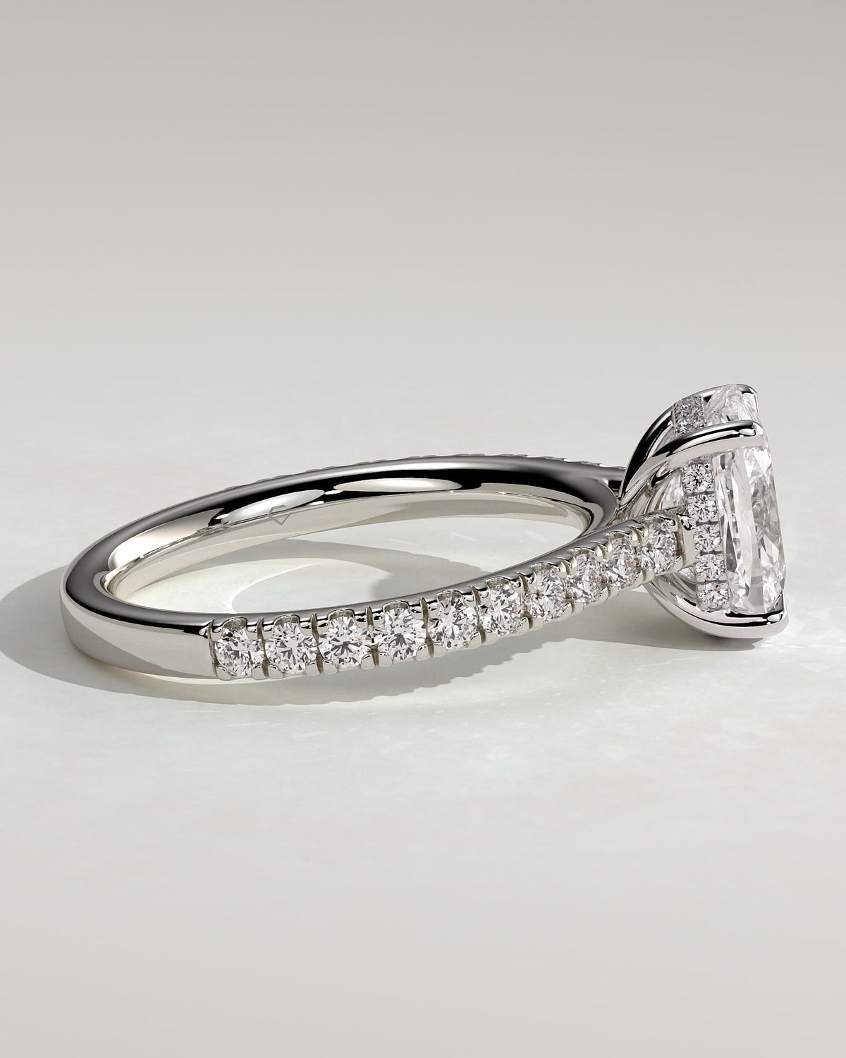 Annika - Elongated Cushion Claw Solitaire with Hidden Halo, Pave Band and Cathedral High Setting Engagement Ring - White Gold