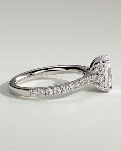 Annika - Elongated Cushion Claw Solitaire with Hidden Halo, Pave Band and Cathedral High Setting Engagement Ring - White Gold