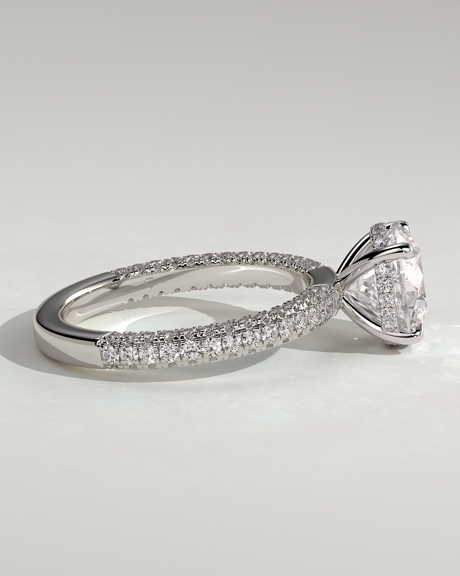 Alex - Round Claw Solitaire with Hidden Halo and Triple Pave Band Engagement Ring - Platinum - White Gold / Platinum 2ct