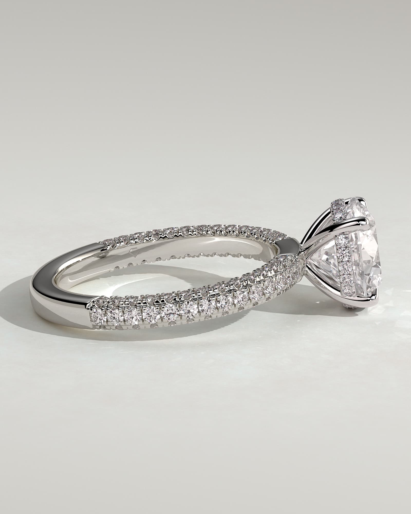 Alex - Round Claw Solitaire with Hidden Halo and Triple Pave Band Engagement Ring - White Gold - white gold - Lara Jewels
